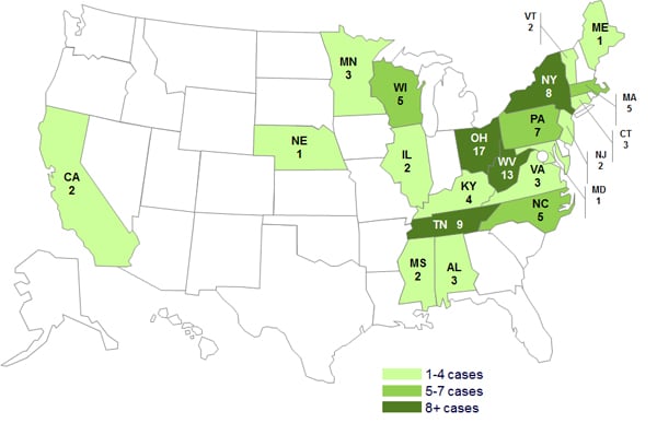 June 4, 2013 Case Count Map: Persons infected with the outbreak strains of Salmonella Infantis, Lille, Newport, or Mbandaka, by State