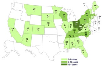 Final Case Count Map: Persons infected with the outbreak strains of Salmonella Infantis, Lille, Newport, or Mbandaka, by State