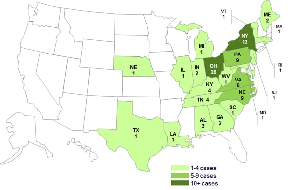 Case Count Map: May 25, 2012: Persons infected with the outbreak strains of Salmonella Infantis, Newport, and Lille, by State