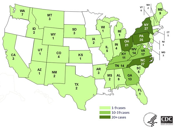 Persons infected with the outbreak strains of Salmonella Infantis, Newport, or Hadar, by state, N=251