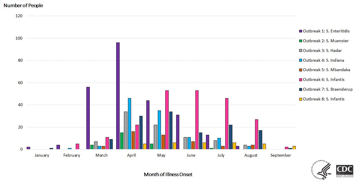 People infected with the outbreak strains of Salmonella, by date of illness onset (n=895)