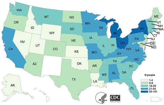 People infected with the outbreak strains of Salmonella by state of residence.