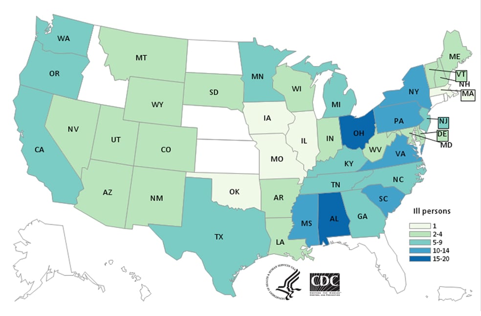 People infected with the outbreak strains of SalmonellaEnteritidis, Hadar, Indiana, Muenchen and Muenster by state of residence, as of July 29, 2015 (n=218)