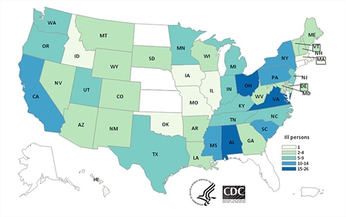 People infected with the outbreak strains of SalmonellaEnteritidis, Hadar, Indiana, Muenchen and Muenster by state of residence, as of September 23, 2015 (n=252)