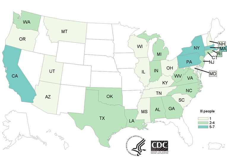 People infected with the outbreak strain of Salmonella, by state of residence, as of June 14, 2018