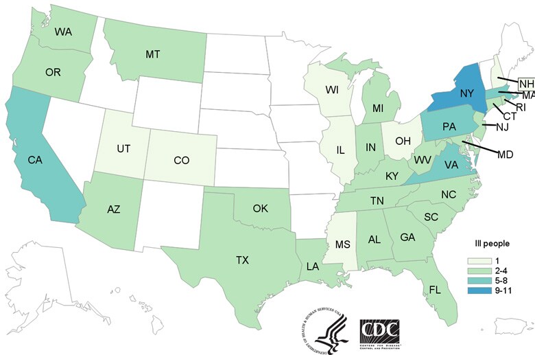 People infected with the outbreak strain of Salmonella, by state of residence, as of July 11, 2018