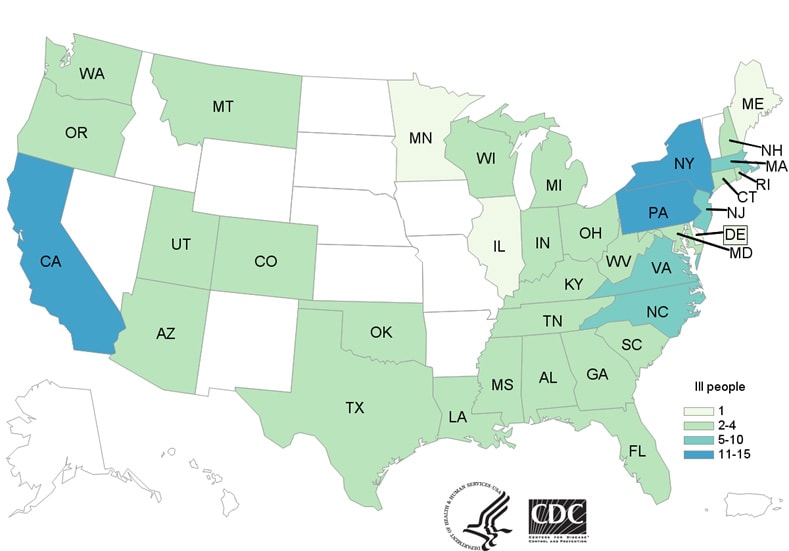 People infected with the outbreak strain of Salmonella, by state of residence, as of August 30, 2018