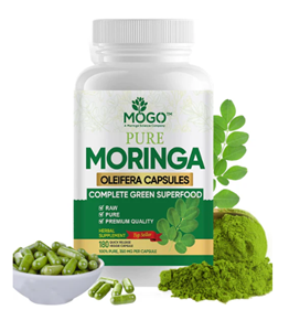 White and green bottle of Mogo Pure Moringa Capsules