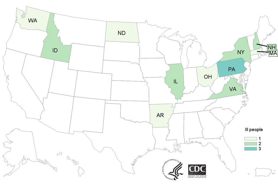 Map of United States - People infected with the outbreak strain of Salmonella, by state of residence, as of November 20, 2020