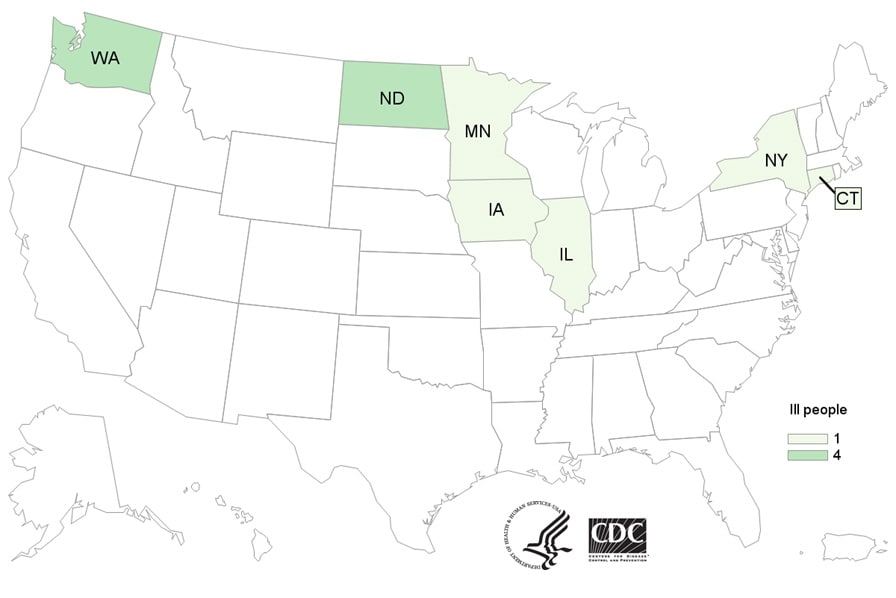 Map of United States - People infected with the outbreak strain of Salmonella, by state of residence, as of April 15, 2019