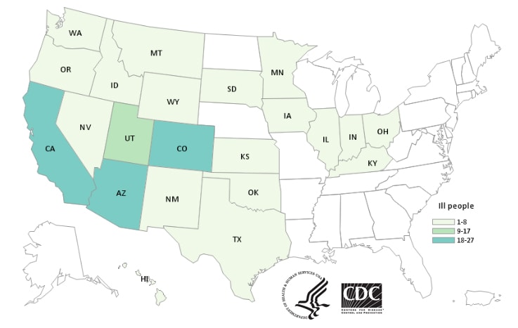 Map of United States - People infected with the outbreak strain of Salmonella, by state of residence, as of October 23, 2018