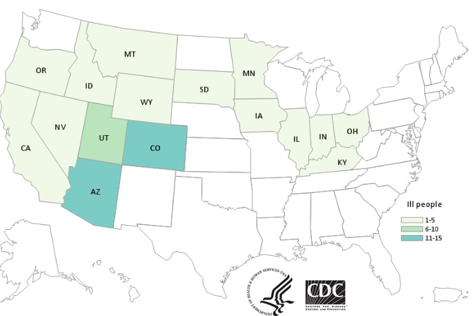 Map of United States - People infected with the outbreak strain of Salmonella, by state of residence, as of October 4, 2018