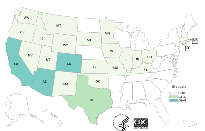 Map of United States - People infected with the outbreak strain of Salmonella, by state of residence, as of November 15, 2018