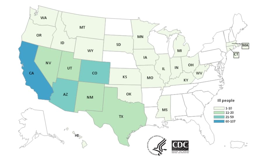 Map of United States - People infected with the outbreak strain of Salmonella, by state of residence, as of December 11, 2018