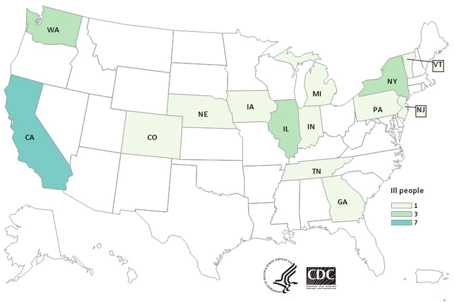 Map of United States - People infected with the outbreak strains of Salmonella by state of residence, as of January 9, 2020