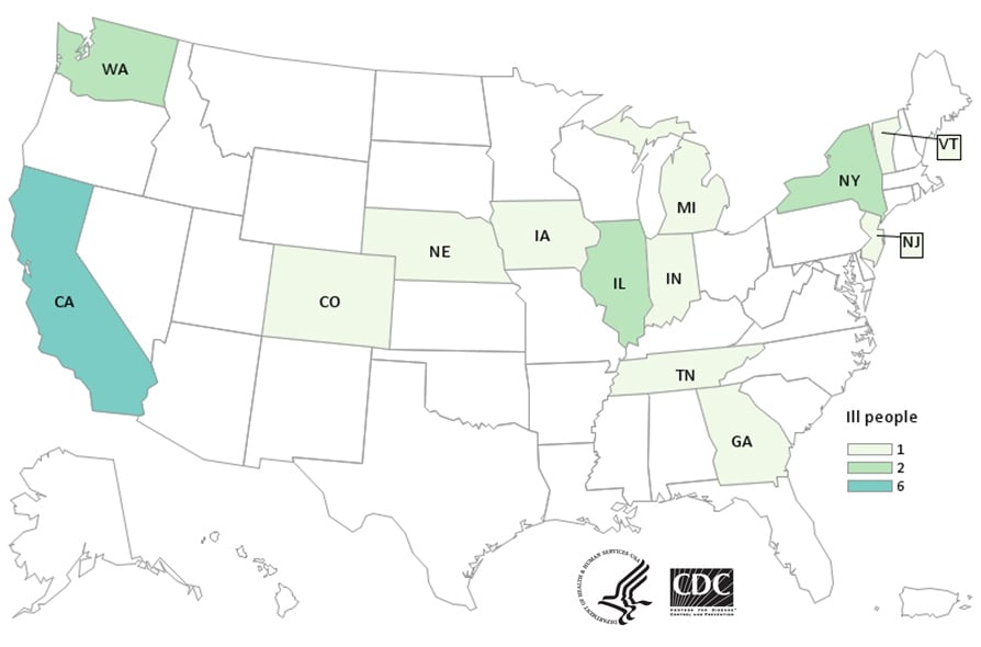 Map of United States - People infected with the outbreak strains of Salmonella by state of residence, as of October 8, 2019