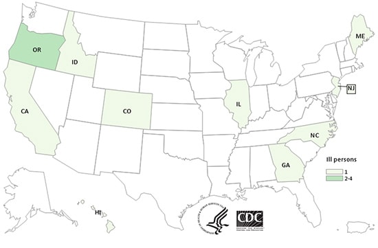 People infected with the outbreak strain of Salmonella Paratyphi B variant L(+) tartrate (+) , by state of residence, as of January 1, 2016 (n=13)