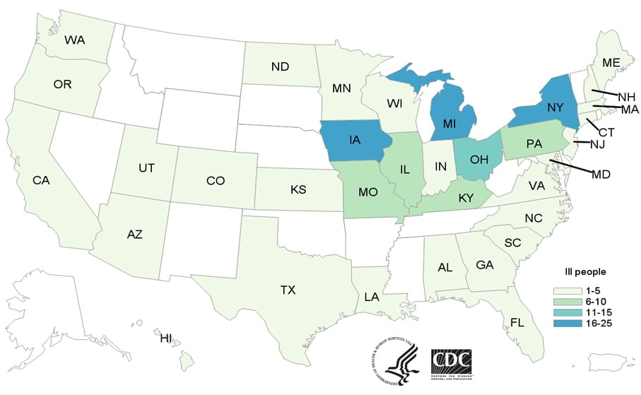 Map of United States - People infected with the outbreak strains of Salmonella by state of residence, as of October 30, 2019
