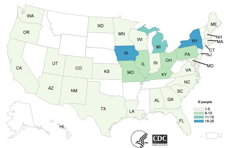 Map of United States - People infected with the outbreak strains of Salmonella by state of residence, as of August 22, 2019