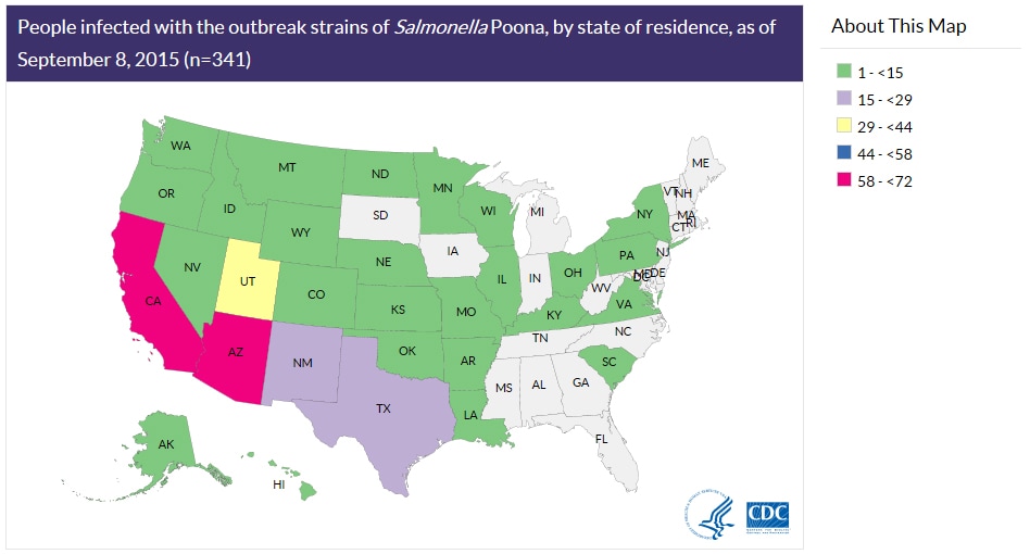 Map of U.S. showing People infected with the outbreak strains of Salmonella Poona, by state of residence, as of Septmeber 8, 2015
