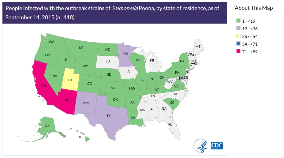 Map of U.S. showing People infected with the outbreak strains of Salmonella Poona, by state of residence, as of Septmeber 14, 2015 