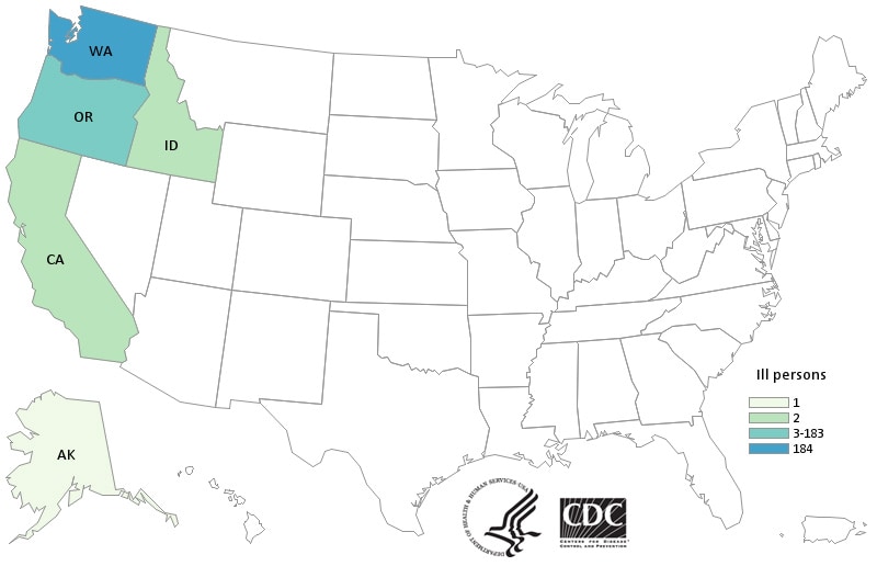 People infected with the outbreak strains of Salmonella I 4,[5],12:i:- or Salmonella Infantis, by state of residence, as of November 23, 2015 (n=192)