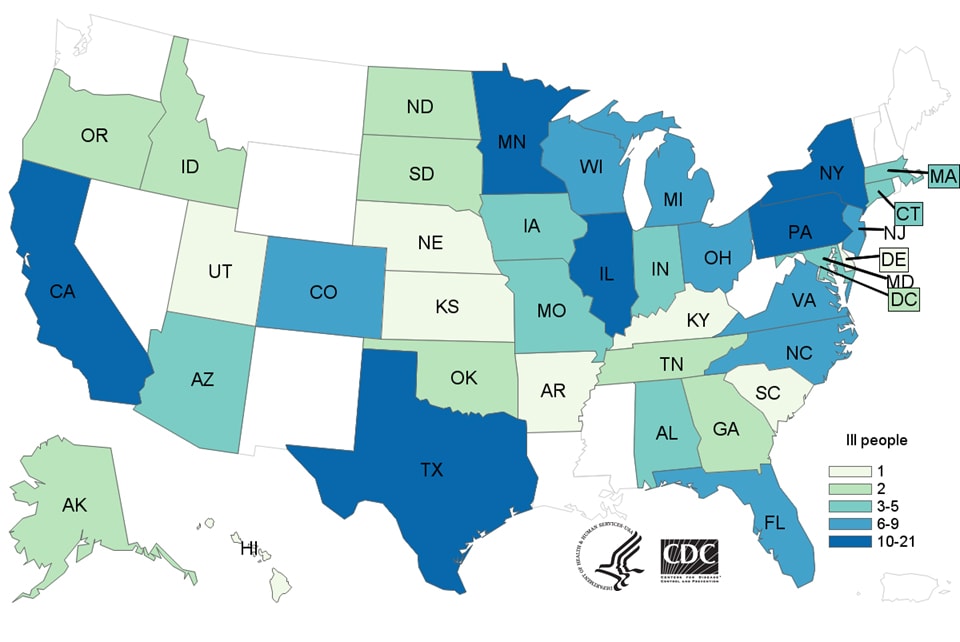 Map of United States - People infected with the outbreak strain of Salmonella, by state of residence, as of December 19, 2018