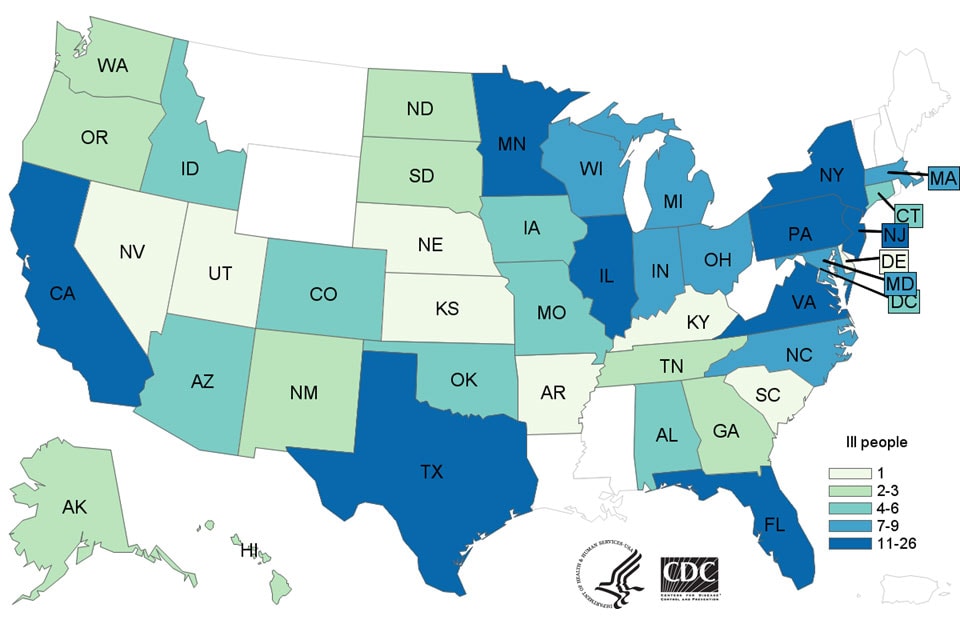 Map of United States - People infected with the outbreak strain of Salmonella, by state of residence, as of February 13, 2019
