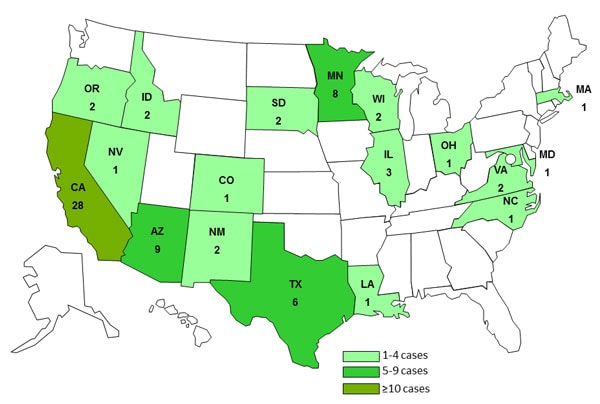 April 24, 2013 Case Count Map: Persons infected with the outbreak strain of Salmonella Saintpaul, by State