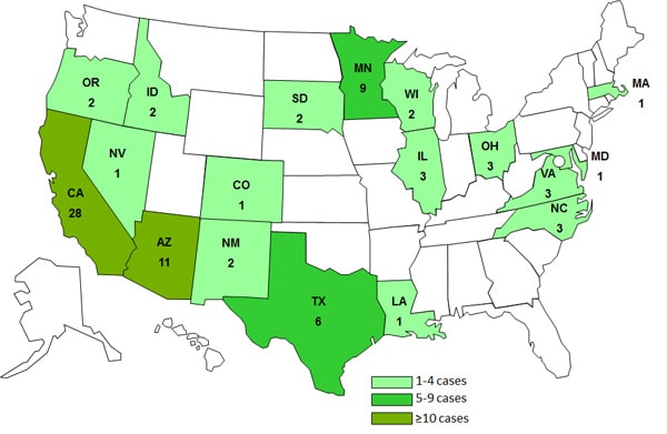 May 8, 2013 Case Count Map: Persons infected with the outbreak strain of Salmonella Saintpaul, by State