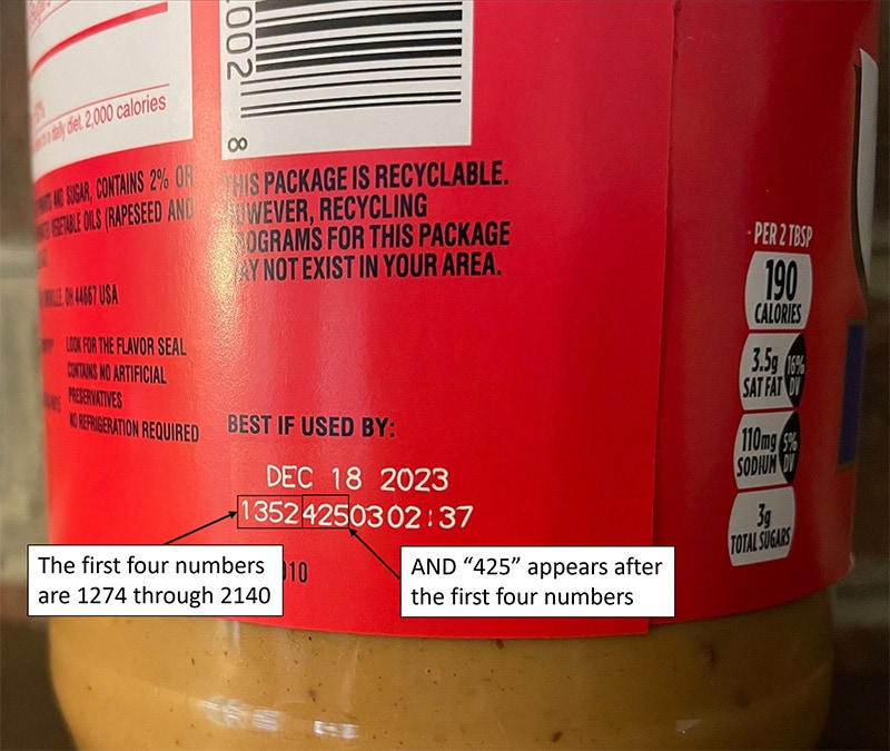 Jif peanut butter lot code