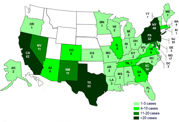 Case Count Map: February 11, 2013; Persons infected with turtle-associated outbreak strains of Salmonella, by state