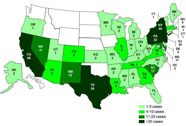 Case Count Map: April 3, 2013: Persons infected with turtle-associated outbreak strains of Salmonella, by state
