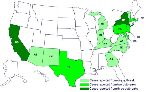 Case Count Map: March 26, 2012: Persons infected with turtle-associated outbreak strains of Salmonella*, by state