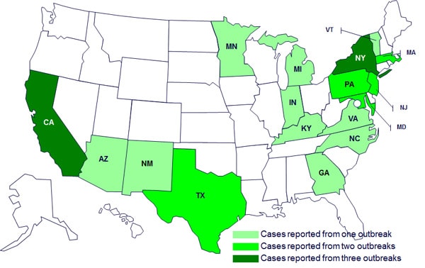 Case Count Map: April 4, 2012: Persons infected with turtle-associated outbreak strains of Salmonella, by state