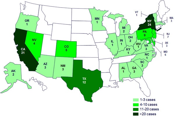Case Count Map: May 8, 2012: Persons infected with turtle-associated outbreak strains of Salmonella, by state