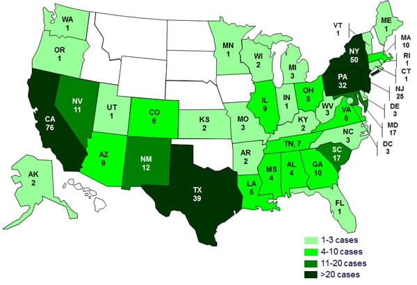 Case Count Map: May 24, 2013: Persons infected with turtle-associated outbreak strains of Salmonella, by state