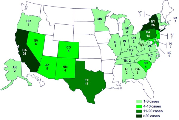 Case Count Map: June 25, 2012: Persons infected with turtle-associated outbreak strains of Salmonella, by state