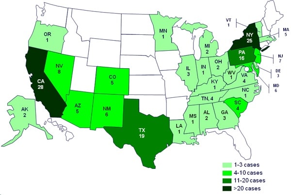 Case Count Map: August 8, 2012; Persons infected with turtle-associated outbreak strains of Salmonella, by state