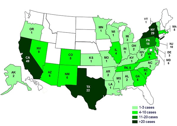 Case Count Map: October 19, 2012: Persons infected with turtle-associated outbreak strains of Salmonella, by state