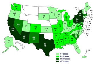 Final Case Count Map: Persons infected with turtle-associated outbreak strains of Salmonella, by state