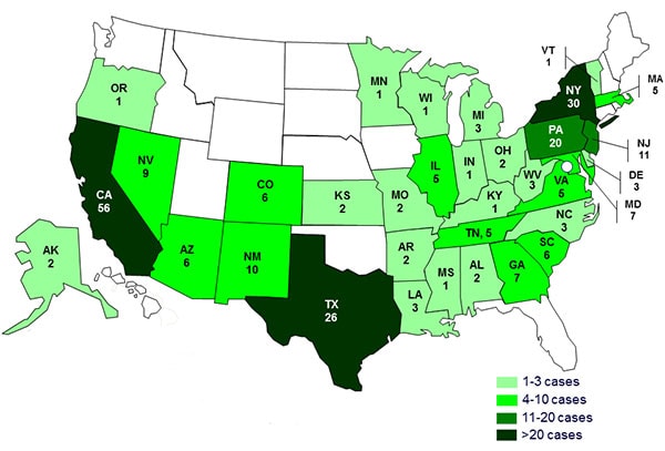 Case Count Map: December 6, 2012: Persons infected with turtle-associated outbreak strains of Salmonella, by state