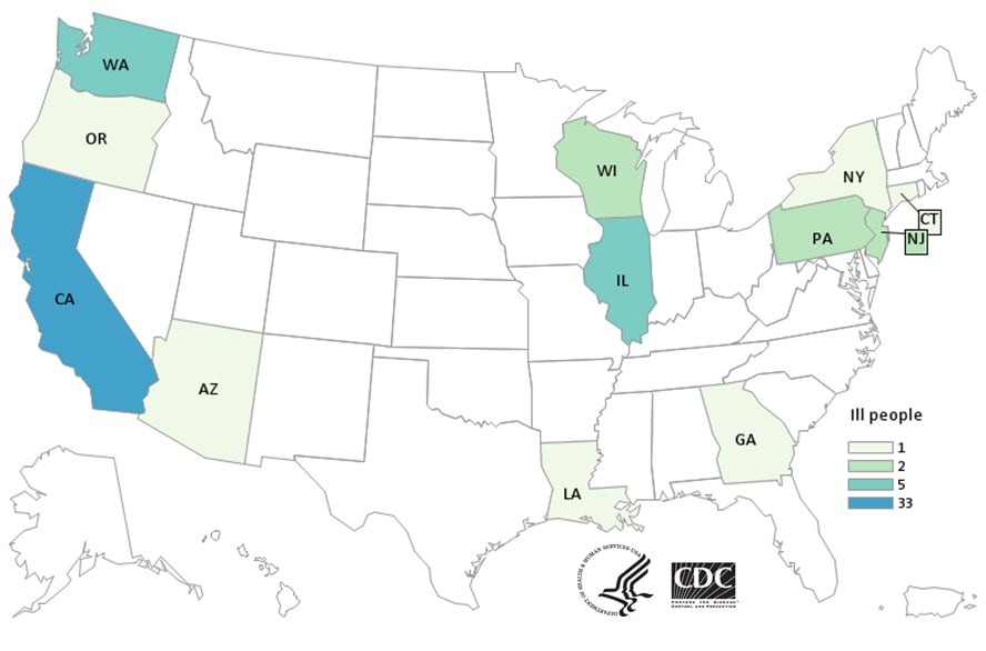 Map of United States - People infected with the outbreak strain of Salmonella, by state of residence, as of November 4, 2020