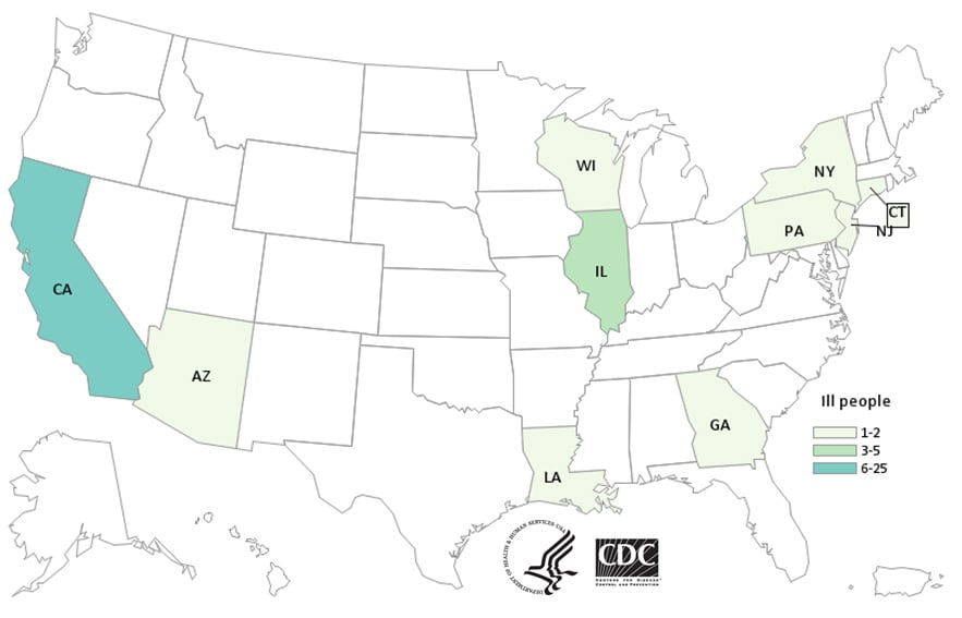 Map of United States - People infected with the outbreak strain of Salmonella, by state of residence, as of September 24, 2020