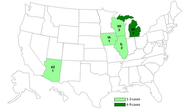 January 24, 2013 Case Count Map: Persons infected with the outbreak strain of Salmonella Typhimurium, by State