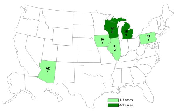 Final Case Count Map: Persons infected with the outbreak strain of Salmonella Typhimurium, by State
