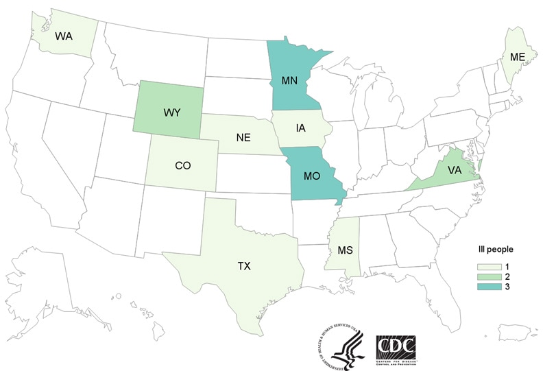Map of United States - People infected with the outbreak strain of Salmonella, by state of residence, as of March 27, 2019
