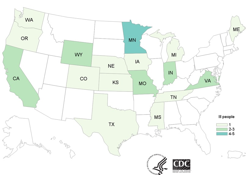 Map of United States - People infected with the outbreak strain of Salmonella, by state of residence, as of May 30, 2019