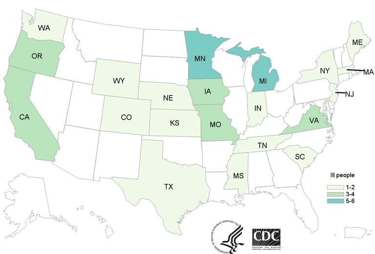 Map of United States - People infected with the outbreak strain of Salmonella, by state of residence, as of July 31, 2019