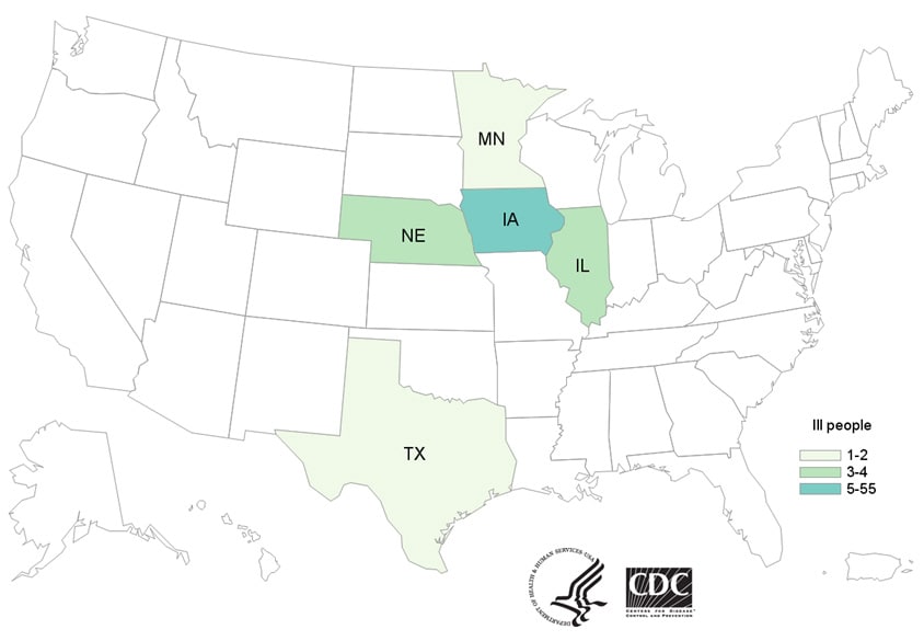 People infected with the outbreak strain of Salmonella I 4,[5],12:b:-, by state of residence, as of February 16, 2018